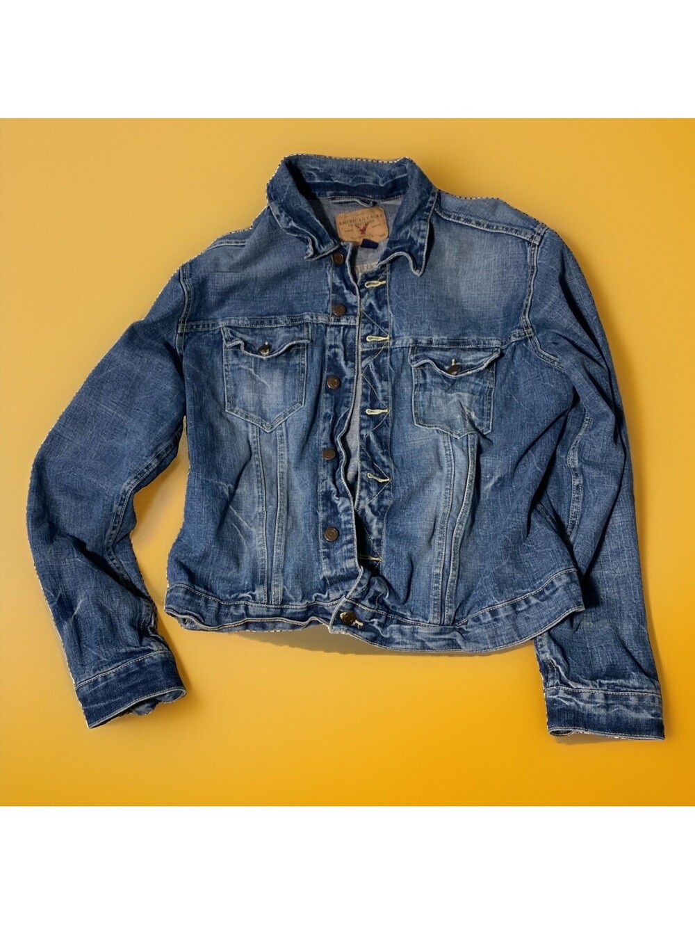 American Eagle Outfitters Trucker Jean Distressed Jacket Blue Cotton Size Xl Y2K
